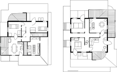 Architectural house floor plan, two story building layout, residential blueprint, CAD drawing, flat vector illustration, modern home design