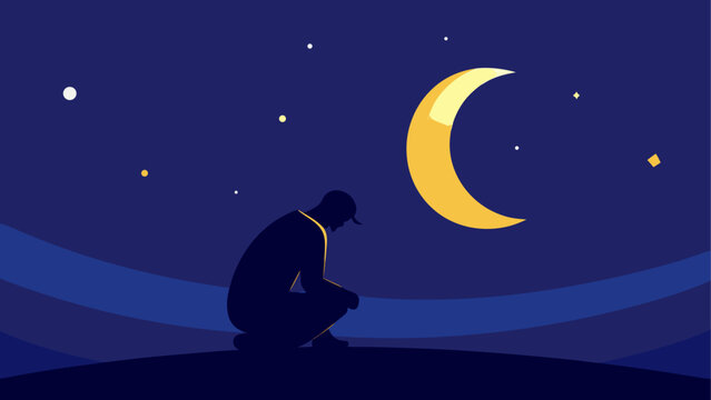 Silhouette man under crescent moon at night on transparent background