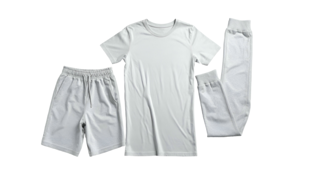 Flat-lay shot of a plain white t-shirt, shorts, and pants arranged on a black backdrop