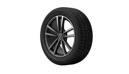 Obraz premium Modern car wheel with silver spokes and a black tire, set against a black background