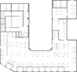Office space floor plan, open workstation layout, private meeting rooms, CAD drawing, flat vector illustration, architectural blueprint design