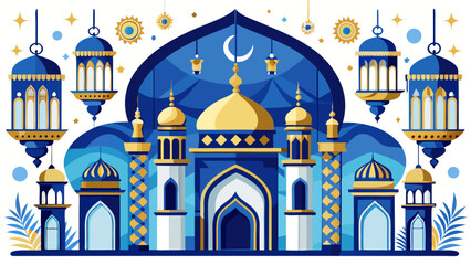 Illustration of a mosque with lanterns art on transparent background