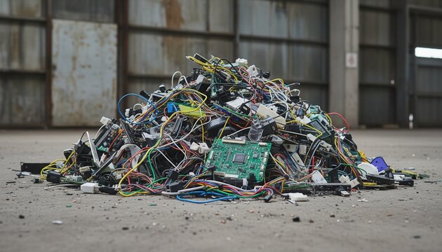 A large pile of mixed electronic waste on a concrete floor. Discarded computer hardware, circuit boards, and tangled wires for recycling. Environmental pollution and technology disposal concept