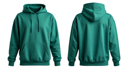 Front and back view of a teal hoodie, isolated on a transparent background
