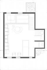 Small studio floor plan, compact apartment layout, interior design blueprint, residential vector CAD drawing, flat illustration, modern living space