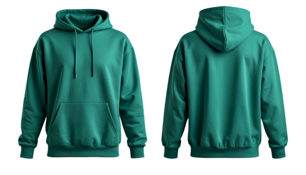 Front and back view of a teal hoodie, isolated on a transparent background