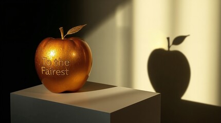 Golden apple inscribed “To the fairest” on pedestal with reflection on wall in background, symbolic still life illustration of Greek myth "The Judgement of Paris"