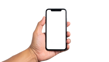 A hand holds a black rectangular phone with a blank white screen against a black background