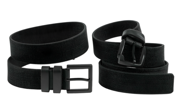 Two black canvas belts displayed on a black background, showing buckle details and texture