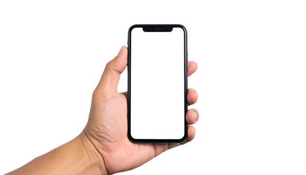 A hand holds a black rectangular phone with a blank white screen against a black background