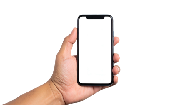 A hand holds a black rectangular phone with a blank white screen against a black background