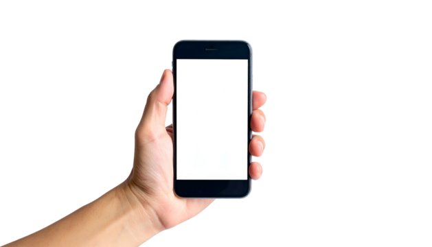 Hand holding a black smartphone with blank white screen against a solid black background