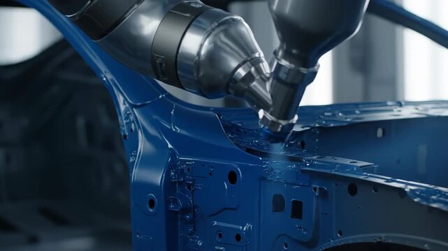 Industrial robot precisely paints a car chassis blue on a modern automotive assembly line