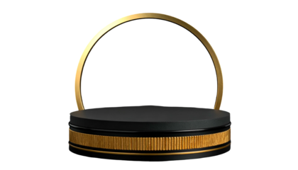 A luxurious dark stage with a gold arch, circular design on a black background