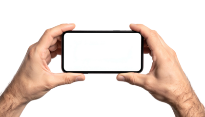 Two hands holding a smartphone with a blank white screen against a black background