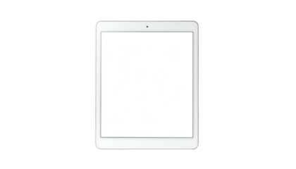 Front view of a white tablet device with a blank screen on a black background