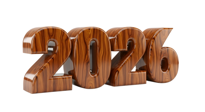 Wooden numerals spelling 2026, glossy finish isolated on transparent background