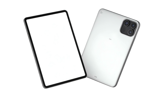 Two white tablet devices displayed, one showing the screen & the other showing the back with camera array