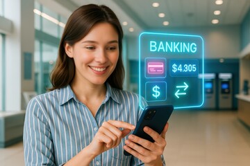 Using mobile banking apps for financial management modern office technology content bright environment user's perspective digital finance concept