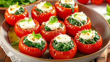 Roasted stuffed tomatoes with cooked spinach, parmesan and mozzarella cheeses. AI