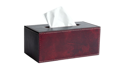 A rectangular, dark red tissue box with a white tissue emerging from the top opening