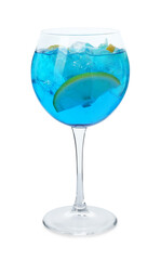 Glass of tasty cocktail with lemon isolated on white