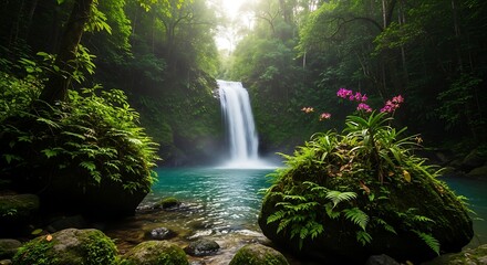 Serene Waterfall Cascading into Turquoise Pool, Lush Green Jungle, Sunlight.