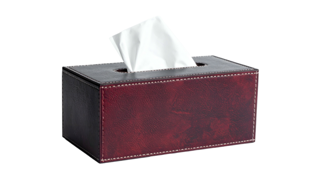 A rectangular, dark red tissue box with a white tissue emerging from the top opening