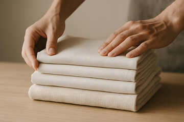 Stack of folded clothes with plant organic textiles