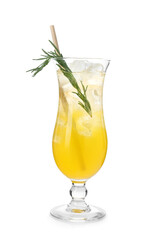 Glass of tasty cocktail with rosemary isolated on white