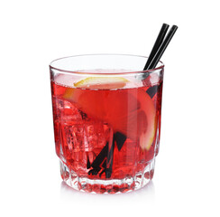 Glass of tasty cocktail with orange isolated on white
