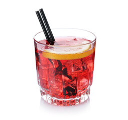Glass of tasty cocktail with orange isolated on white
