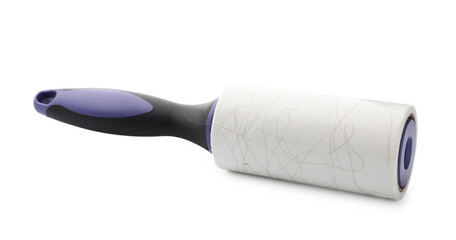 One lint roller with used sticky tape isolated on white
