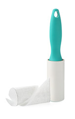 Lint roller with used sticky tape isolated on white