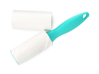 Obraz premium Lint roller with used sticky tape and adhesive roll isolated on white, top view