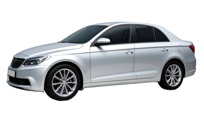 A silver sedan car, angled right, isolated on a transparent background, showing exterior details