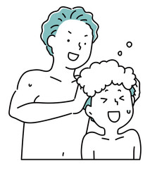 子供の頭をシャンプーするお父さん_単色