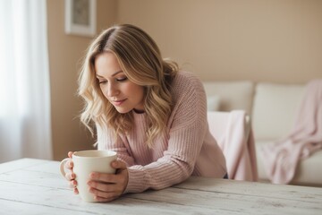 Pensive middle-aged woman in a cozy sweater holding a mug at home. Menopause and self-care concept