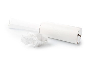Lint roller with used sticky tape isolated on white