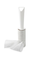 Lint roller with used sticky tape isolated on white