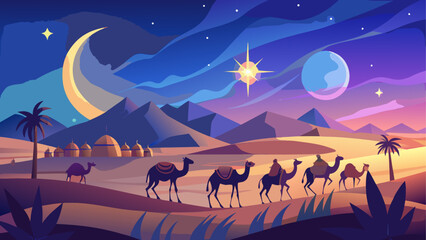 Camels walking in desert under night sky on transparent background © Rana Islam