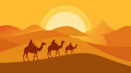Camels with riders in the desert at sunset on transparent background