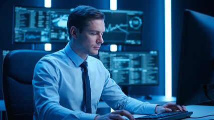 A man in a blue-lit room, wearing a blue shirt and tie, types on a keyboard with multiple computer screens showing data - Powered by Adobe