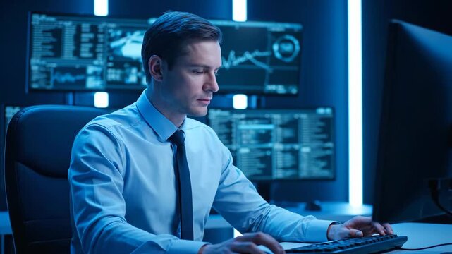 A man in a blue-lit room, wearing a blue shirt and tie, types on a keyboard with multiple computer screens showing data - Powered by Adobe