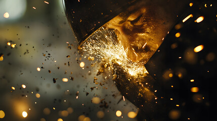 Sparking Creation: Intense close-up of sparks flying off from metal as an axe strikes powerfully, revealing the raw energy and dynamic force of creation.