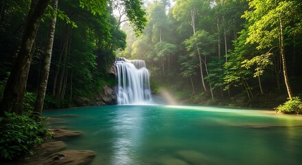 Serene Waterfall Cascading into Turquoise Pool, Lush Green Forest, Sunlight Beams.