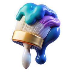 Close up of a paint brush with vibrant colorful paint dripping from its bristles and handle isolated on transparent background