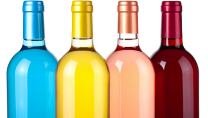 Four vibrant wine bottles, each with a colorful cap, stand side-by-side against a dark background