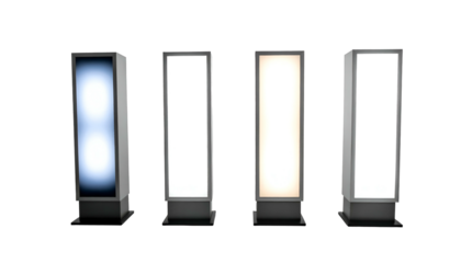 Four vertical illuminated rectangular structures with light variations against a black backdrop