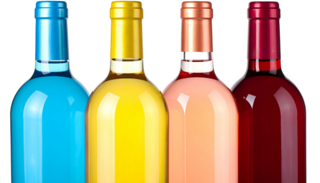 Four vibrant wine bottles, each with a colorful cap, stand side-by-side against a dark background